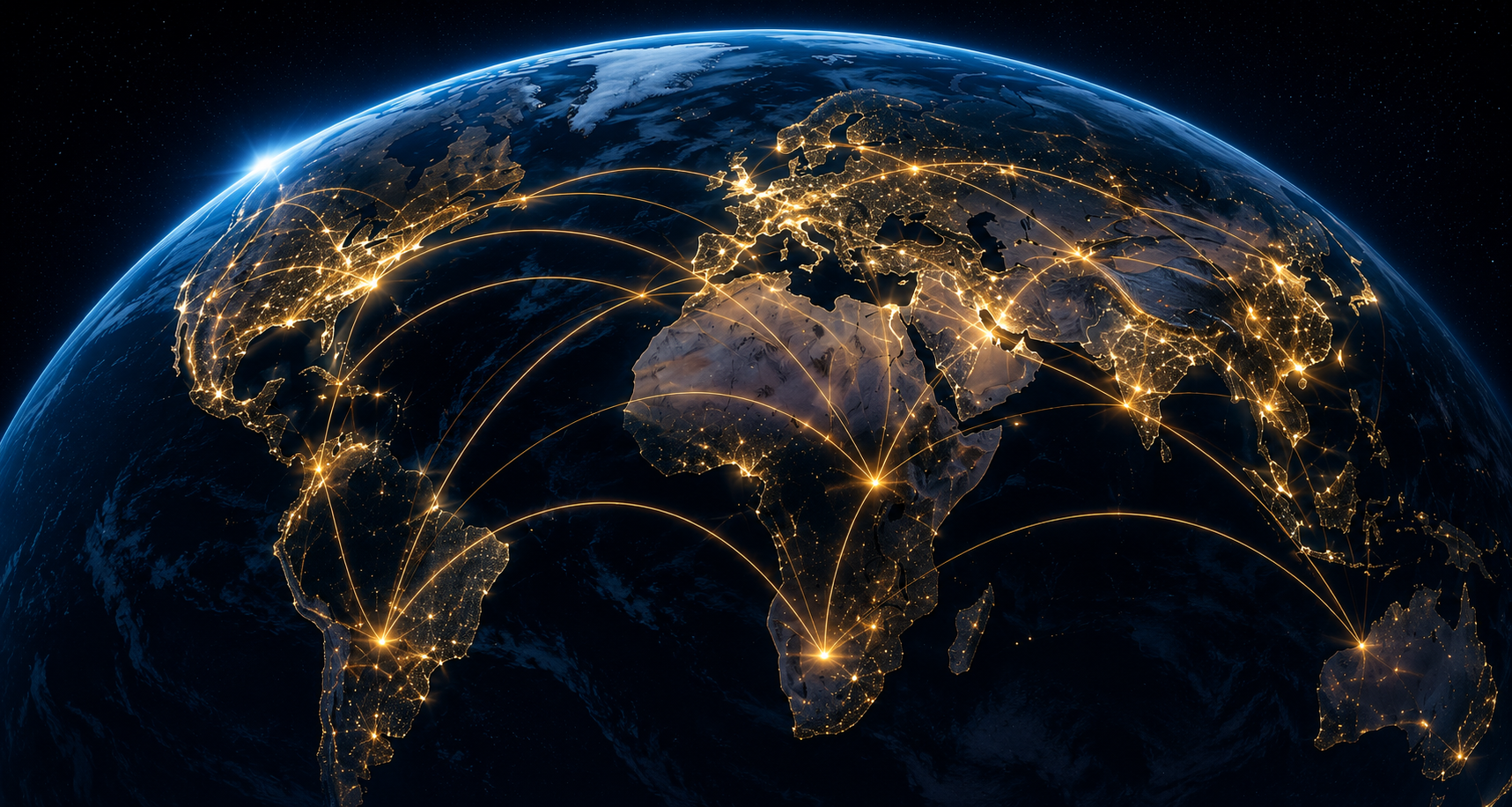 Illuminated globe at night with arcs of light connecting markets across continents