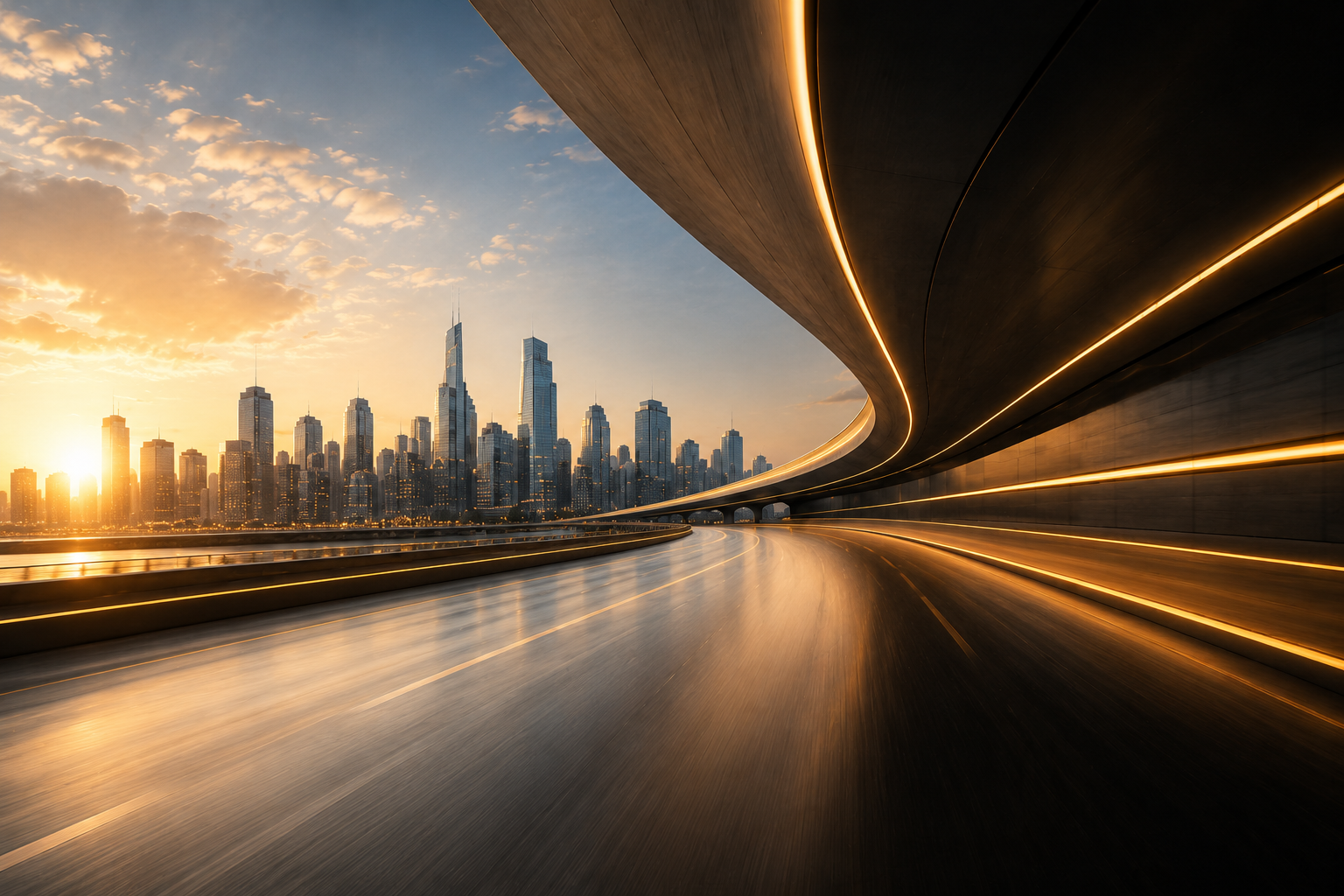 Sweeping illuminated roadway curving toward a modern city skyline at sunrise